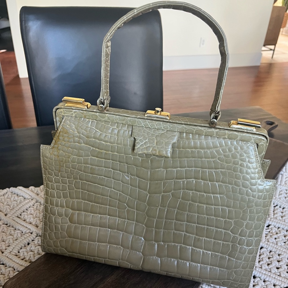 Holt Renfrew Vintage 1960s Alligator Belly Skin Embossed Tan Handbag EUC